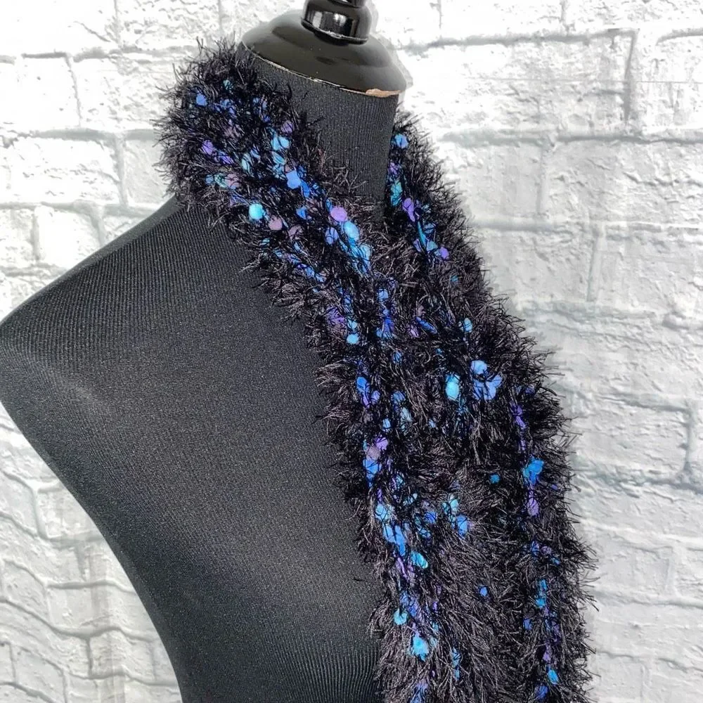 shag scarf black w/multicolor blue & purple accents one size